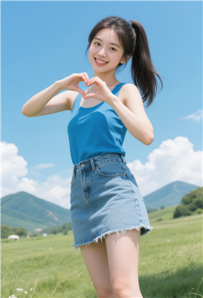 户外蓝色上衣牛仔短裙手比爱心美女图片